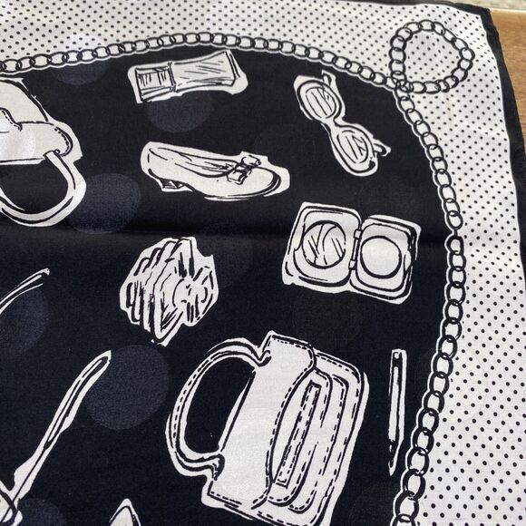 Vintage Talbots Black & White Silk Scarf Shopping Motif Neckerchief Monochrome - Picture 5 of 8